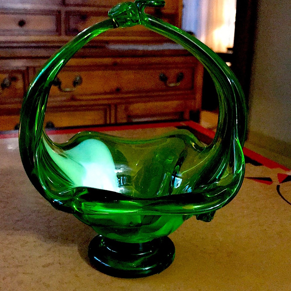 Vintage Green Hand Blown Art glass Slag Bowl